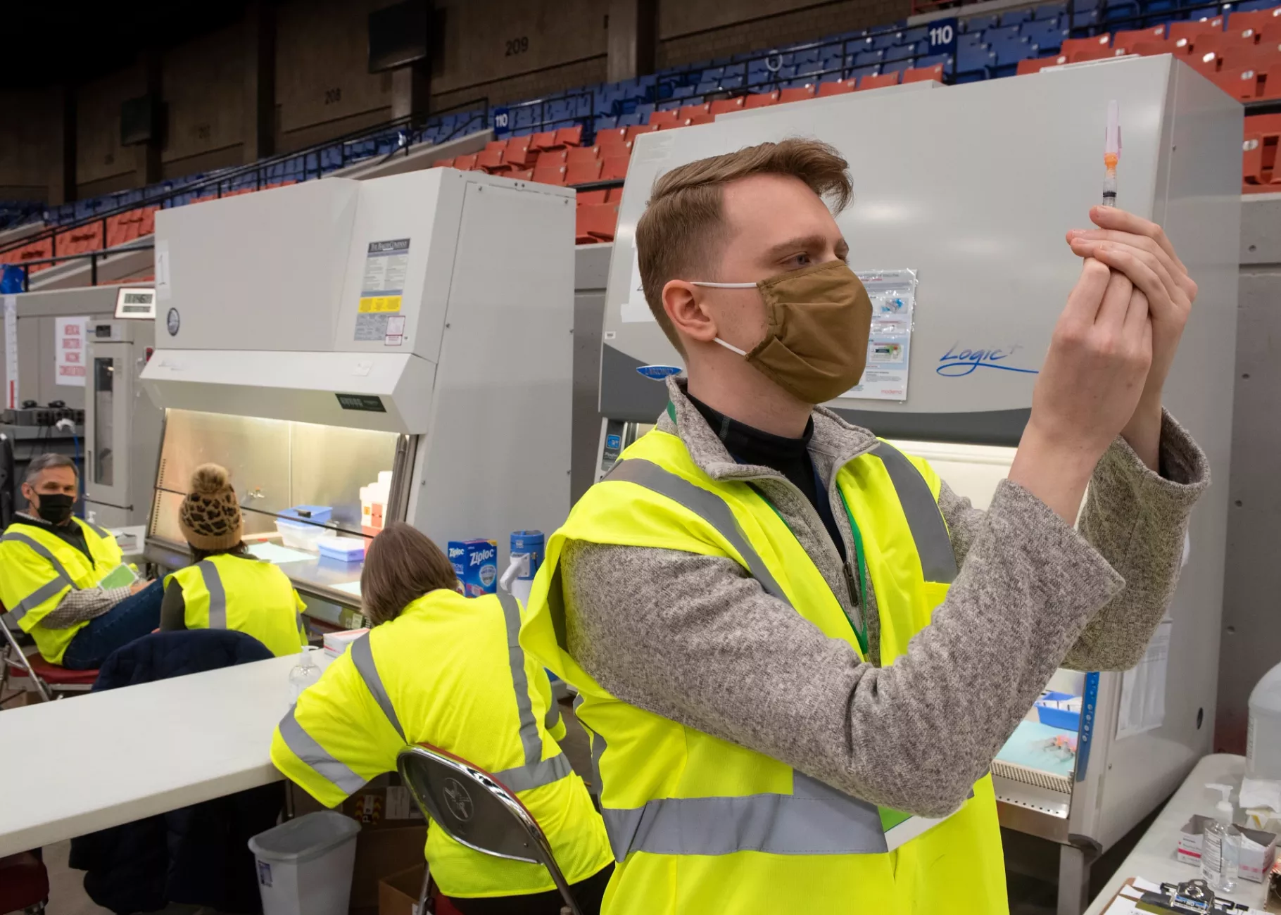 Drive through COVID-19 vaccinations at Broadbent Arena.