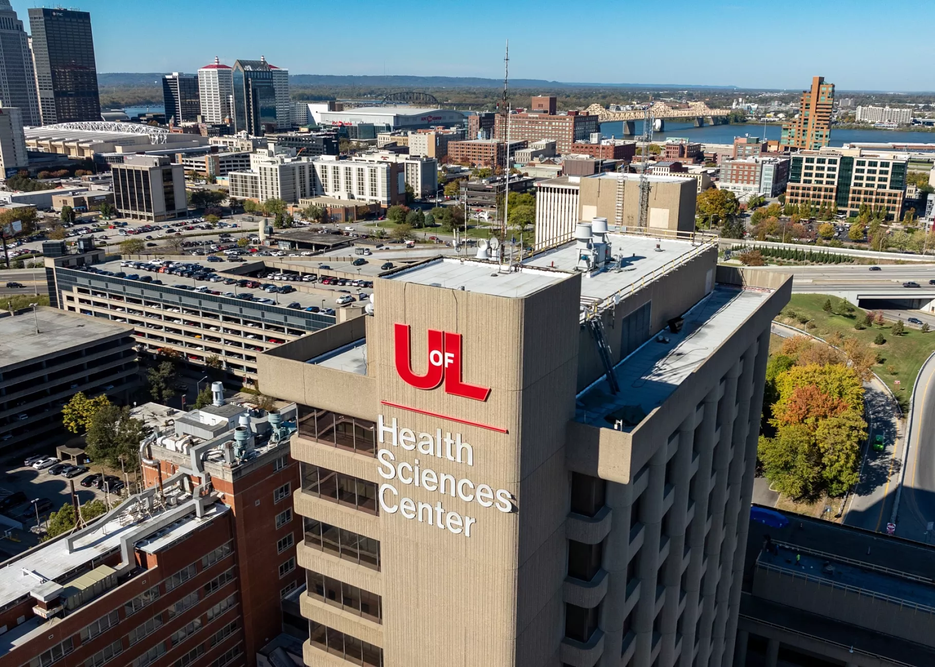High angle shot of the Health Sciences Center tower