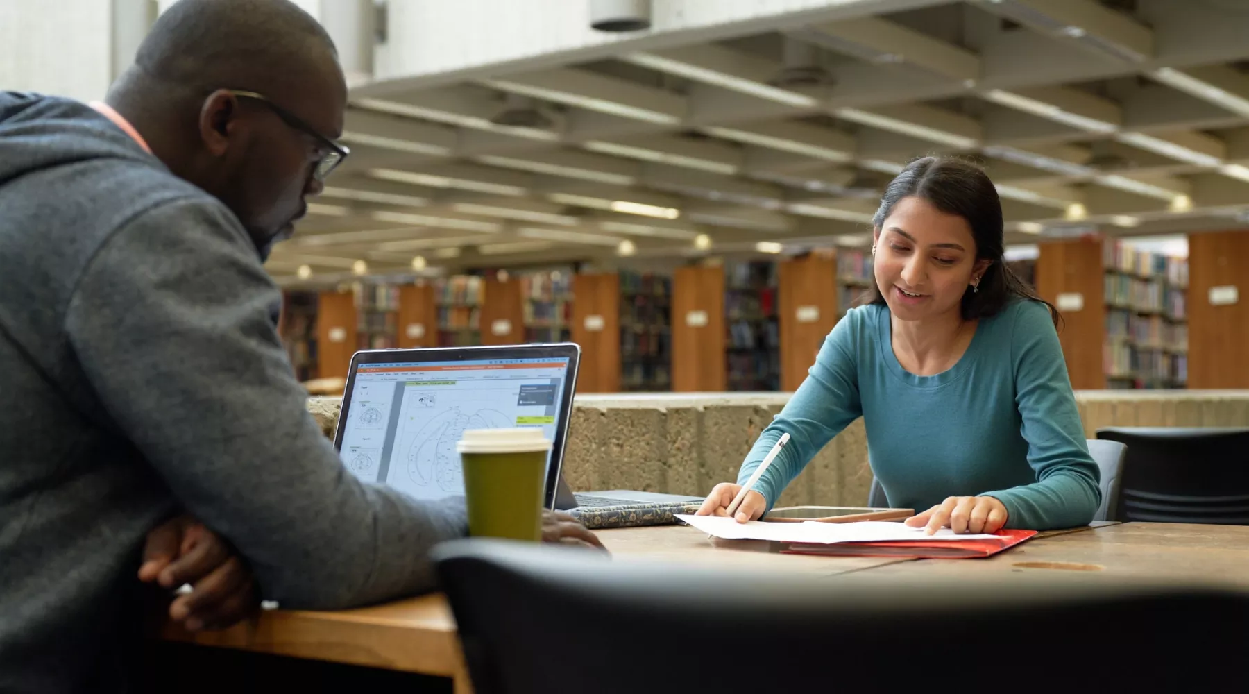 Two students studying in the library.