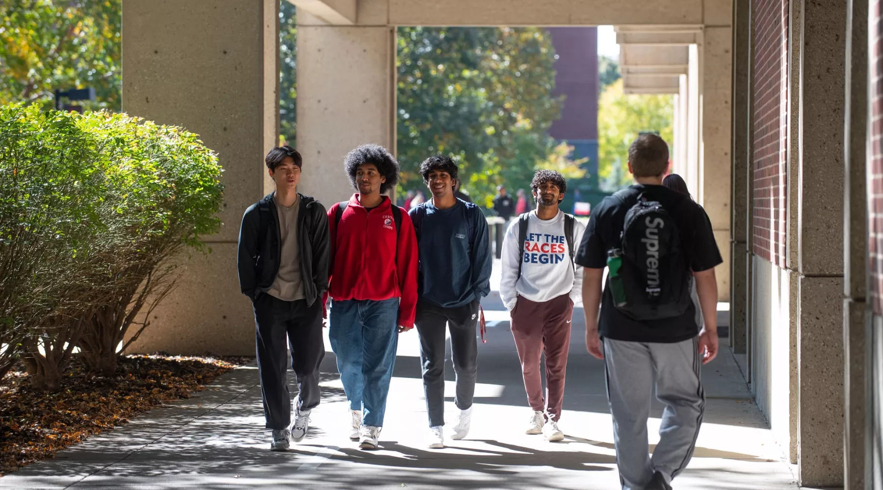Group of students walking next to the Bingham Humanities building in the fall.