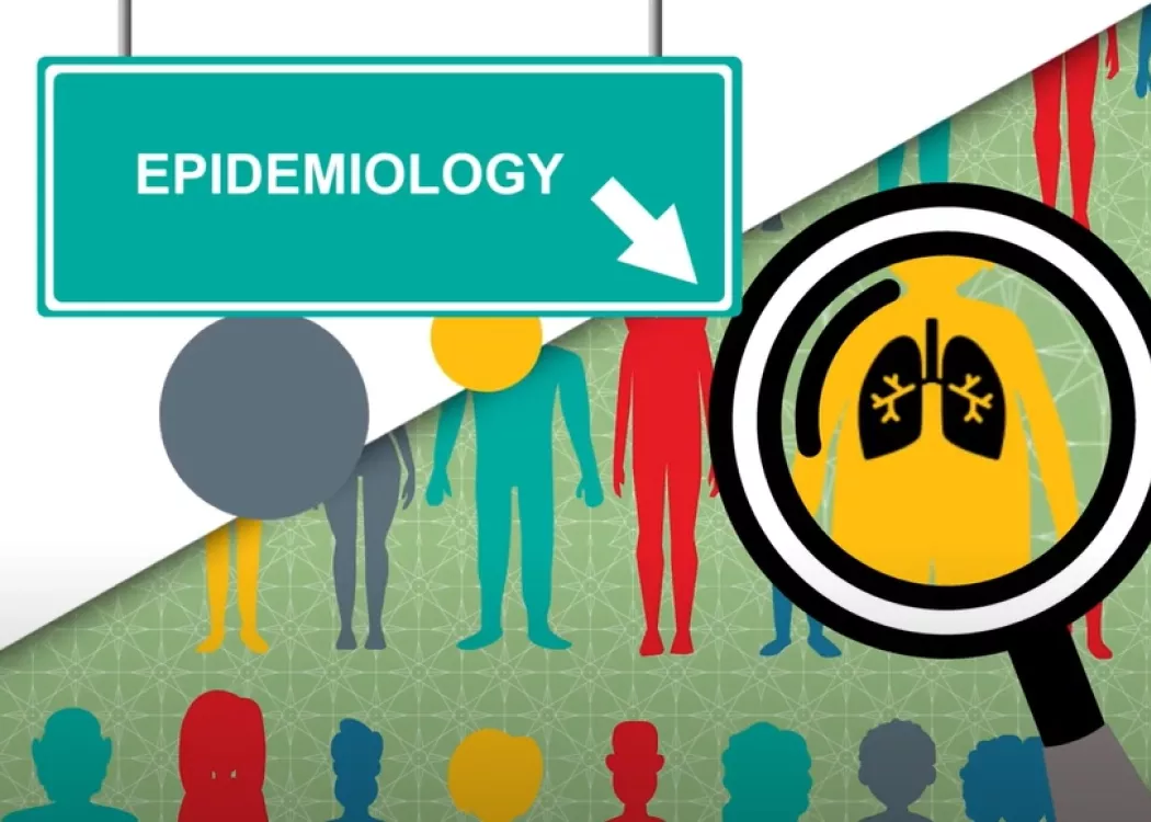Graphic featuring various colorful silhouettes of people with a magnifying glass focusing on a virus, under a sign labeled 'EPIDEMIOLOGY.'