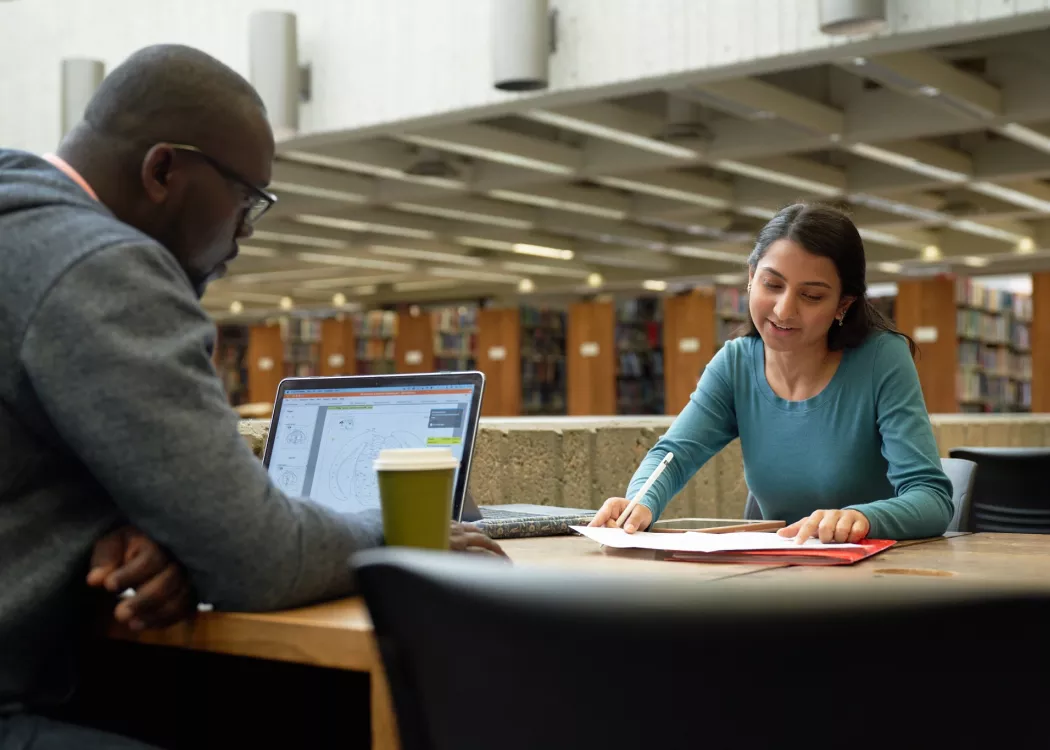Two students studying in the library.