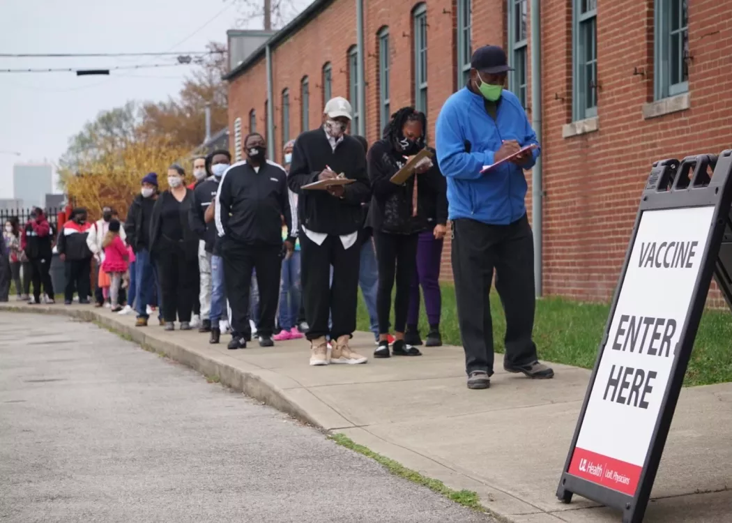 Patients lined up outside for vaccine.