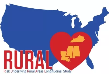Map of US in blue with a red heart. RURAL Study (Risk Underlying Rural Areas Longitudinal Study)
